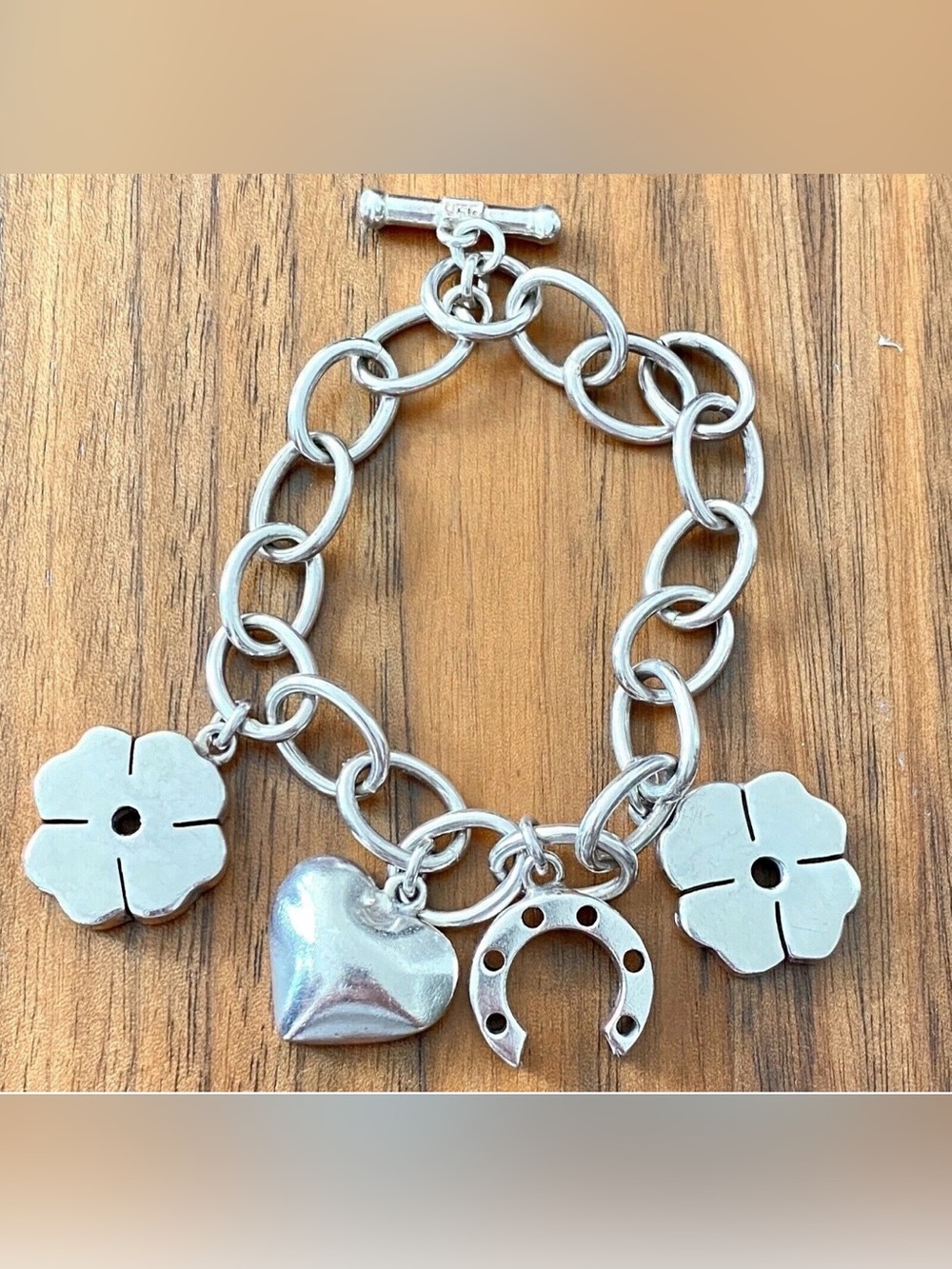 Silver 950 Charm eLink Bracelet with Heart, Horseshoe & Flower Charms